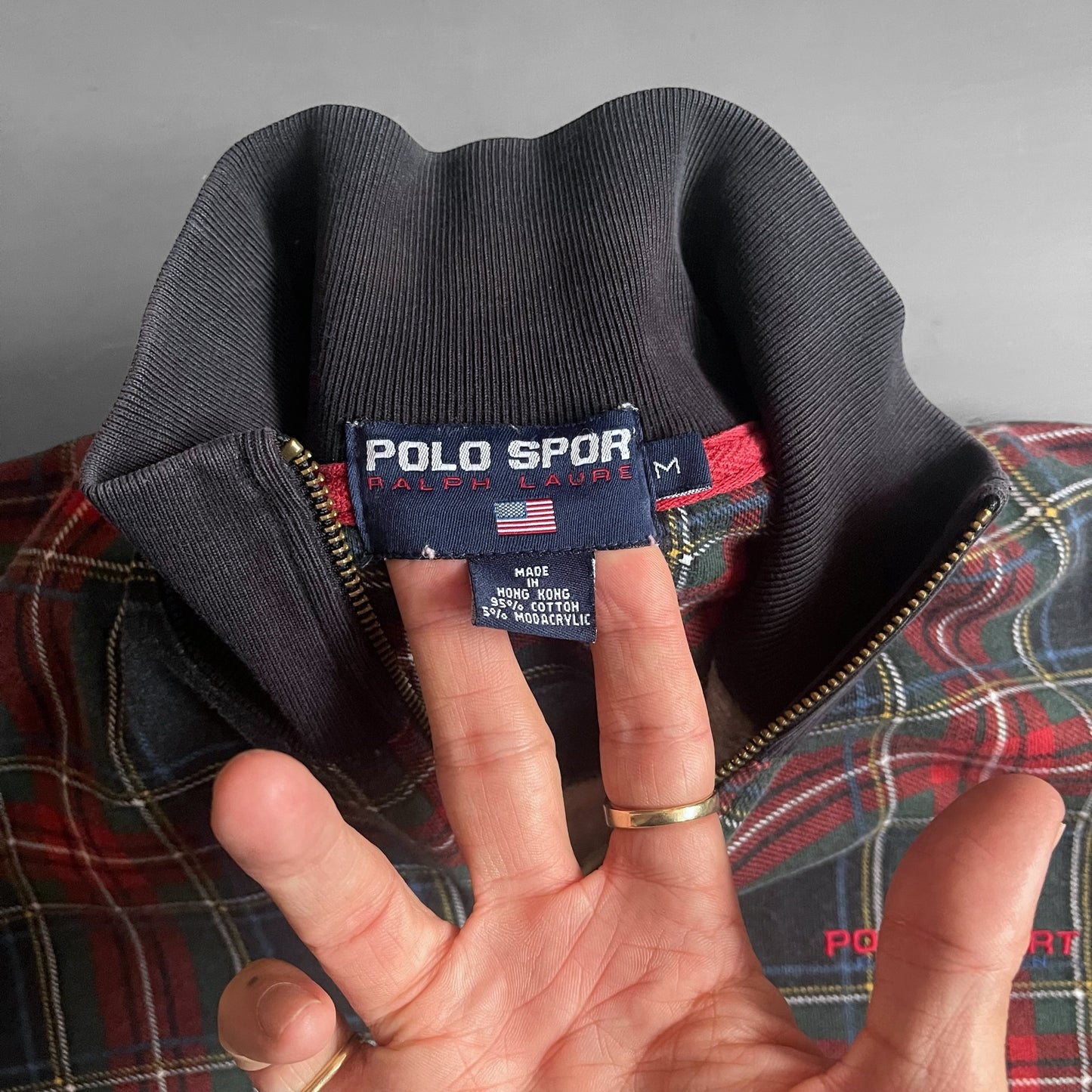 1990s Polo Sport Ralph Lauren tartan zip track jacket (L)