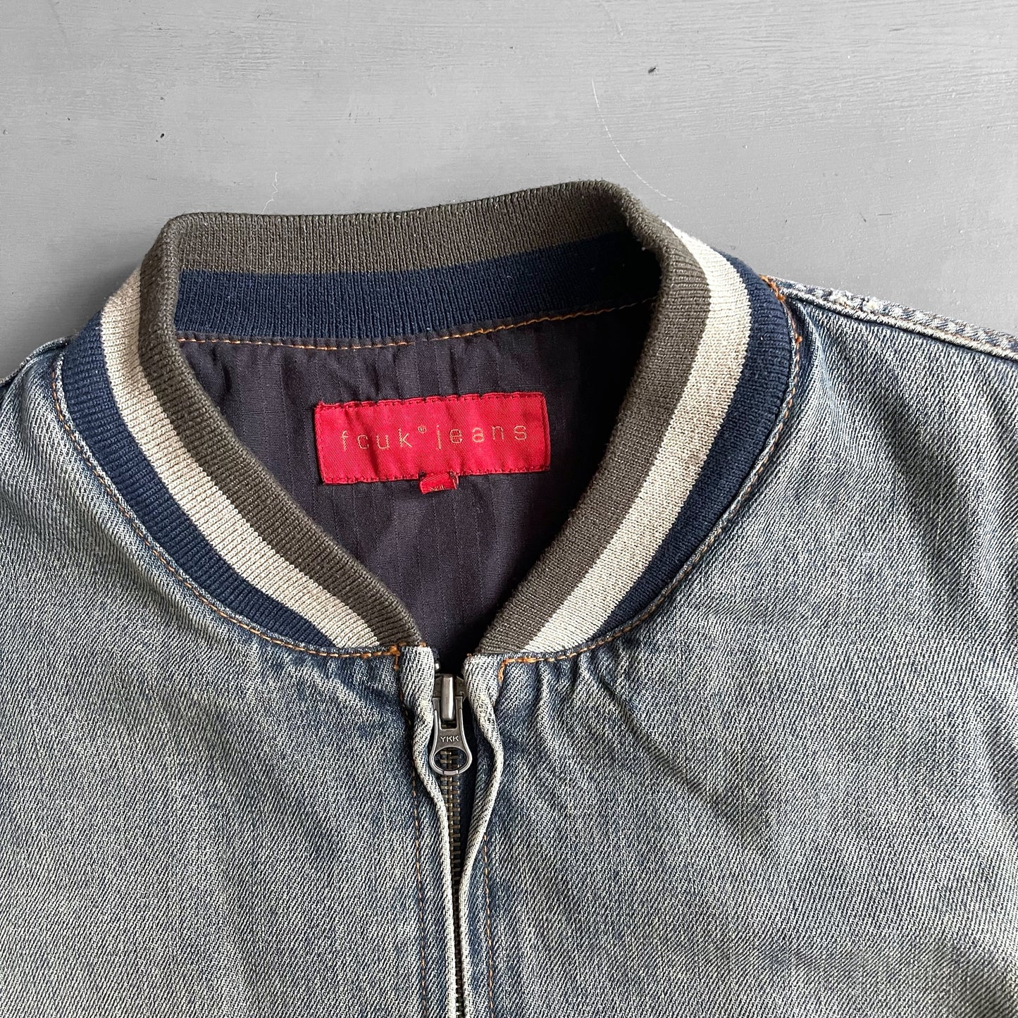 2000s FCUK denim bomber jacket (L)